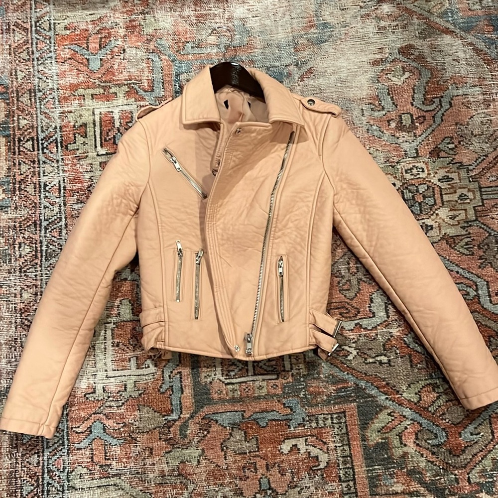 Pink faux leather moto jacket